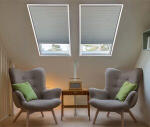 Grey honeycomb skylight shades.