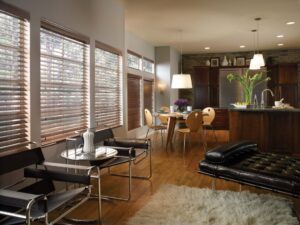 Brown, wooden Blinds on large windows in the kitchen