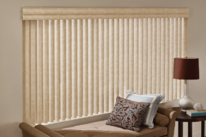 Beige Cadence Vertical Blinds on large living room window.