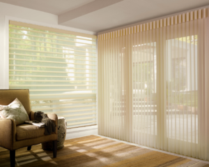 Vertical and horizontal window blinds on large living room windows.