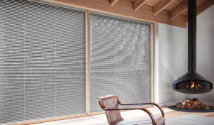 Aluminum Blinds Hunter Douglas Modern Precious Minis on large living room windows