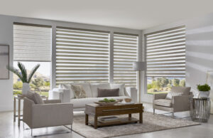 Alta banded shades on large windows in living room.