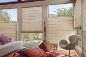 Beige Roman Shades on large windows in living room.