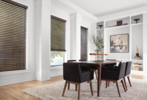 Hunter Douglas faux wood blinds in dining room