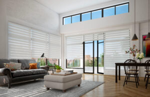 White banded shades in modern living room