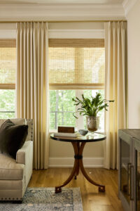 Pleated beige drapery in living room