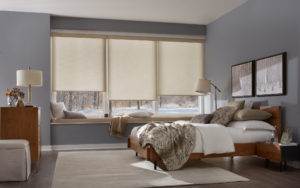 a bedroom with a bed and a window