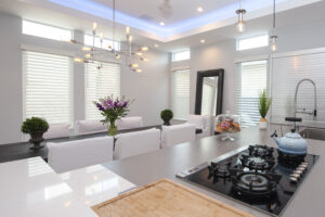 Normandy wood blinds in kitchen and living room