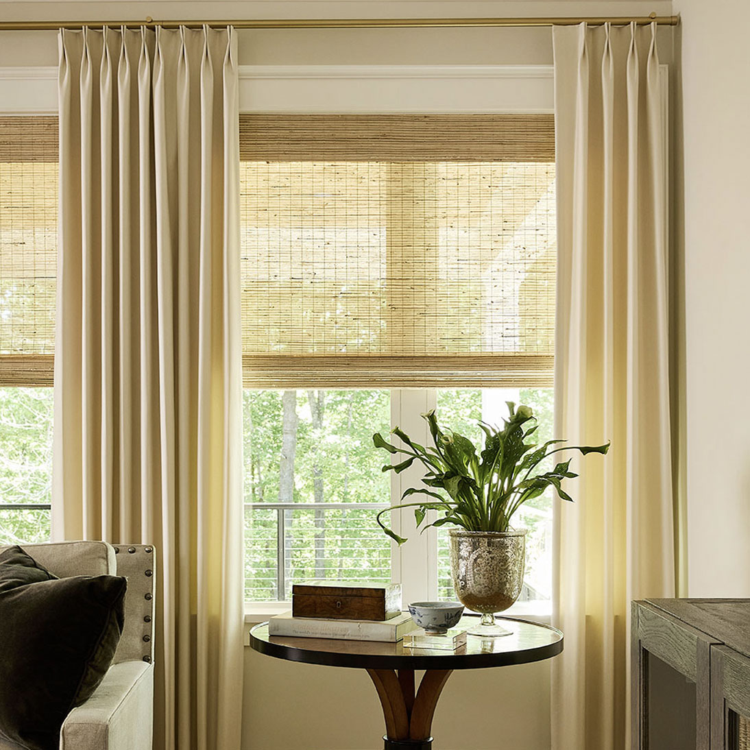 Pleated beige drapery in living room