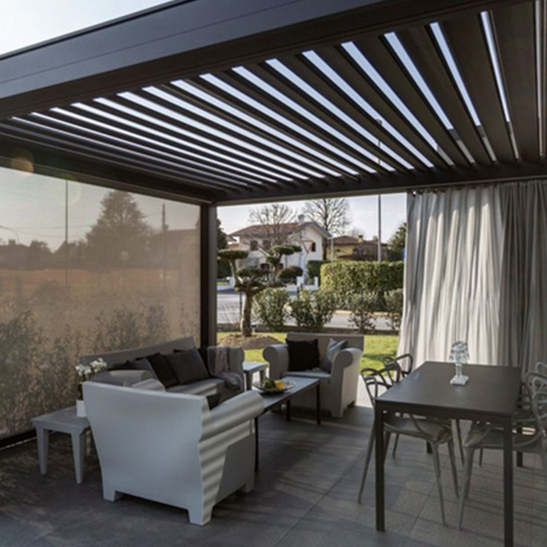 Pleated beige drapery in living room